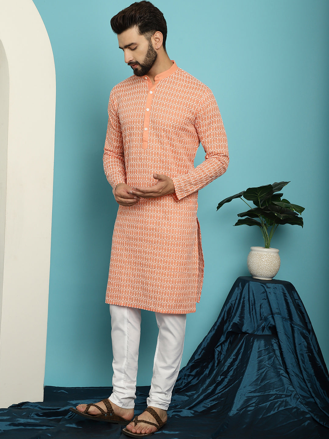 Men's Pure Cotton Peach Kurta with White Embroidery and White Pyjama Set