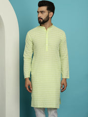 Men's Pure Cotton Green Kurta with White Embroidery