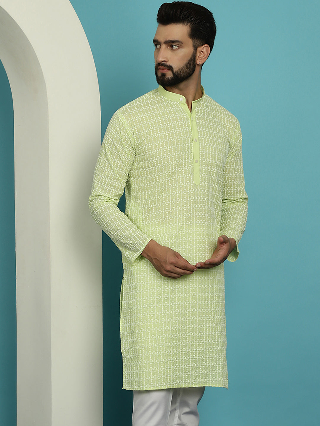 Men's Pure Cotton Green Kurta with White Embroidery