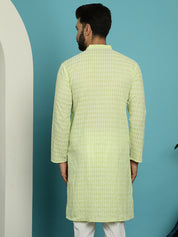 Men's Pure Cotton Green Kurta with White Embroidery