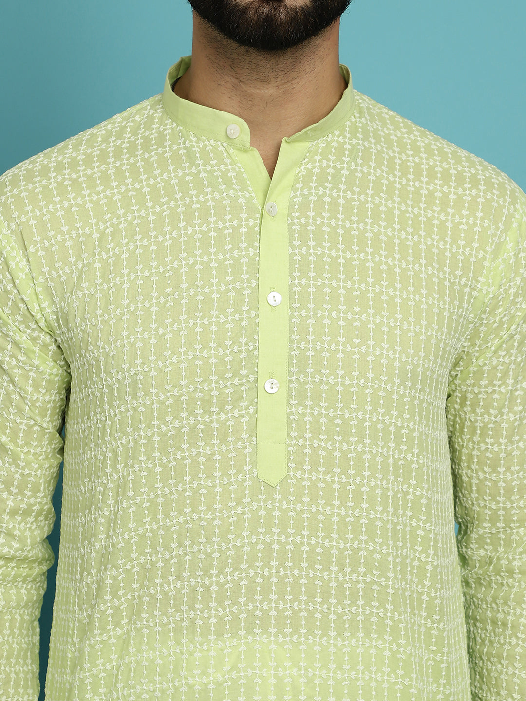 Men's Pure Cotton Green Kurta with White Embroidery