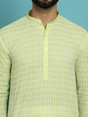 Men's Pure Cotton Green Kurta with White Embroidery