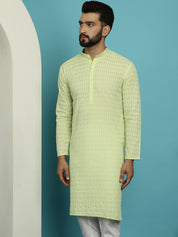 Men's Pure Cotton Green Kurta with White Embroidery