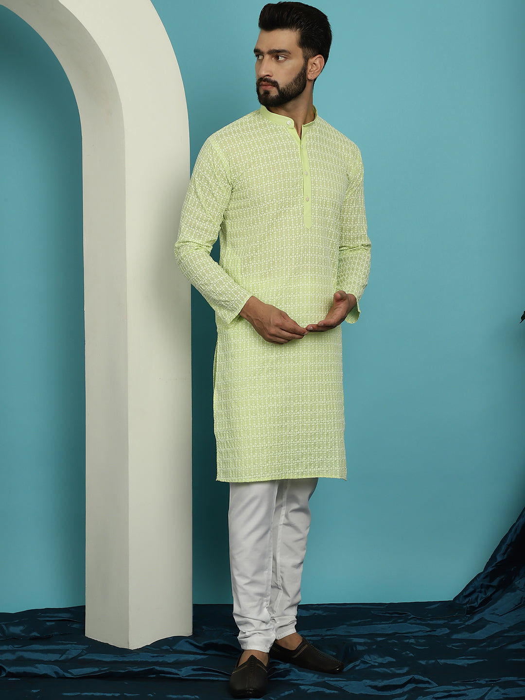 Men's Pure Cotton Green Kurta with White Embroidery and White Pyjama Set