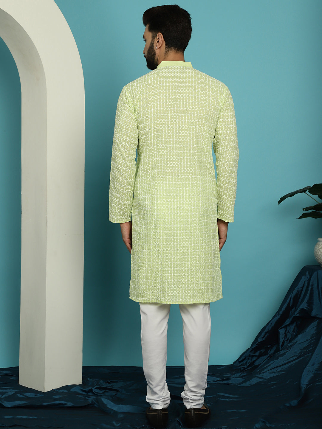 Men's Pure Cotton Green Kurta with White Embroidery and White Pyjama Set