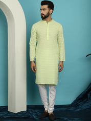 Men's Pure Cotton Green Kurta with White Embroidery and White Pyjama Set