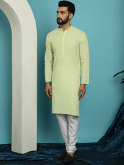 Men's Pure Cotton Green Kurta with White Embroidery and White Pyjama Set