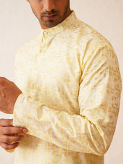 Men's Cotton foil printed Yellow Kurta