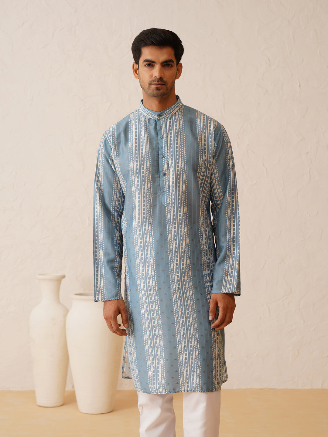 Men's Cotton Silk Printed Teal Blue Kurta