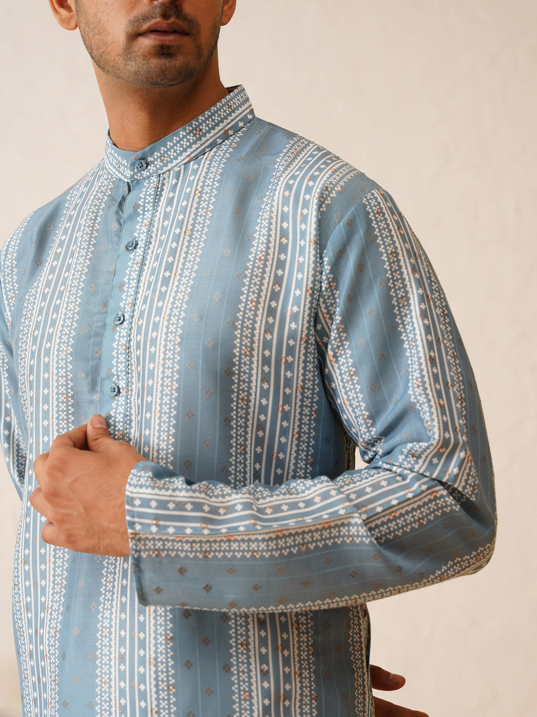 Men's Cotton Silk Printed Teal Blue Kurta