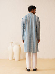 Men's Cotton Silk Printed Teal Blue Kurta