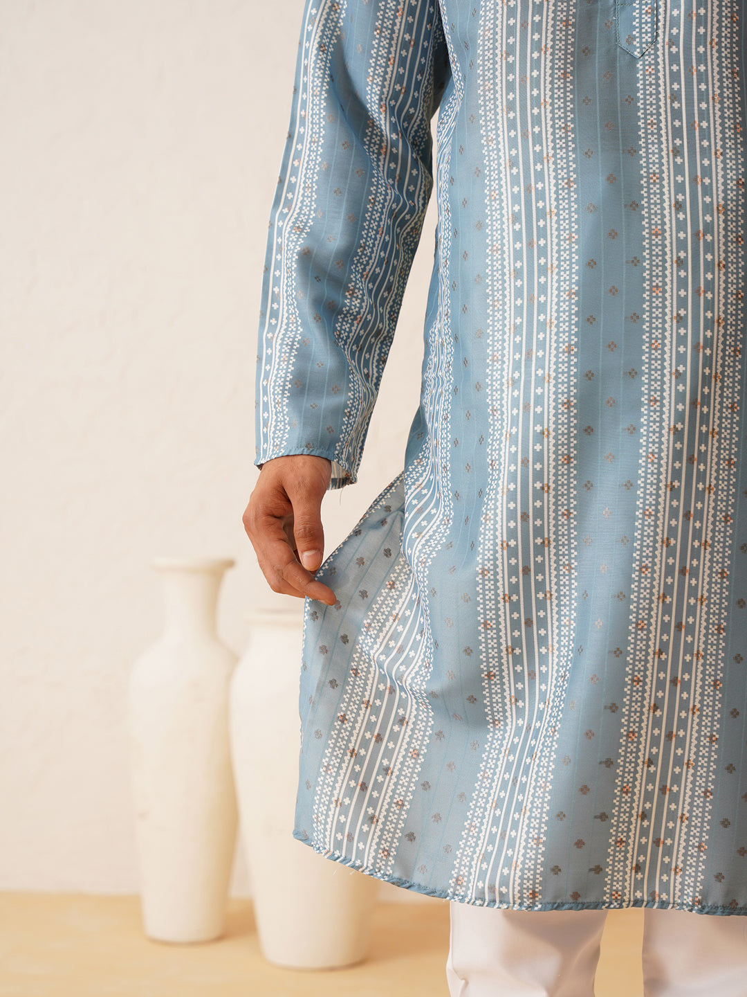 Men's Cotton Silk Printed Teal Blue Kurta