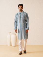 Men's Cotton Silk Printed Teal Blue Kurta