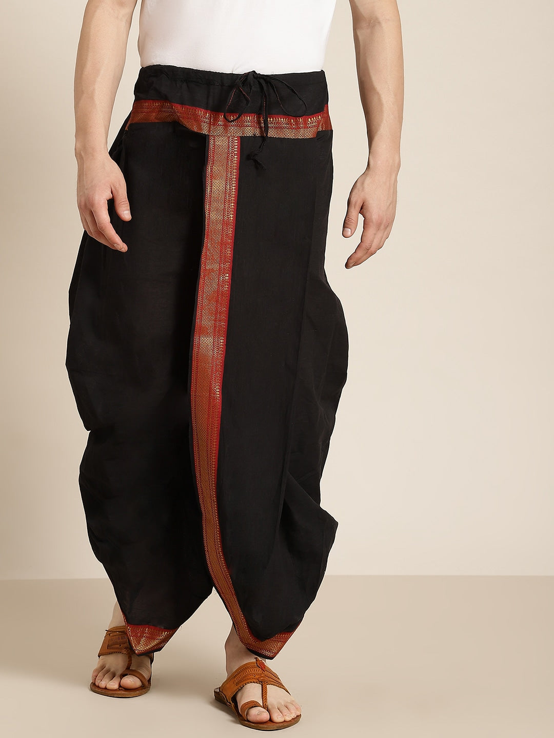 Sojanya (Since 1958), Men's Cotton Black & Red With Gold Border Stitched Dhoti