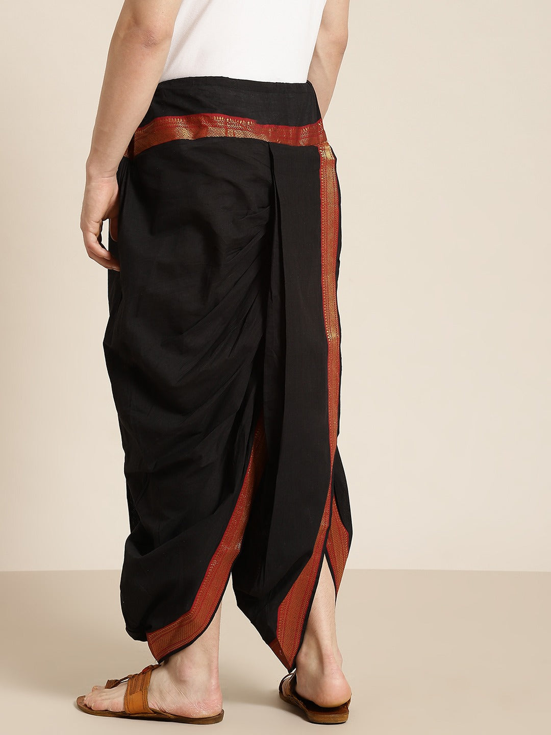 Sojanya (Since 1958), Men's Cotton Black & Red With Gold Border Stitched Dhoti