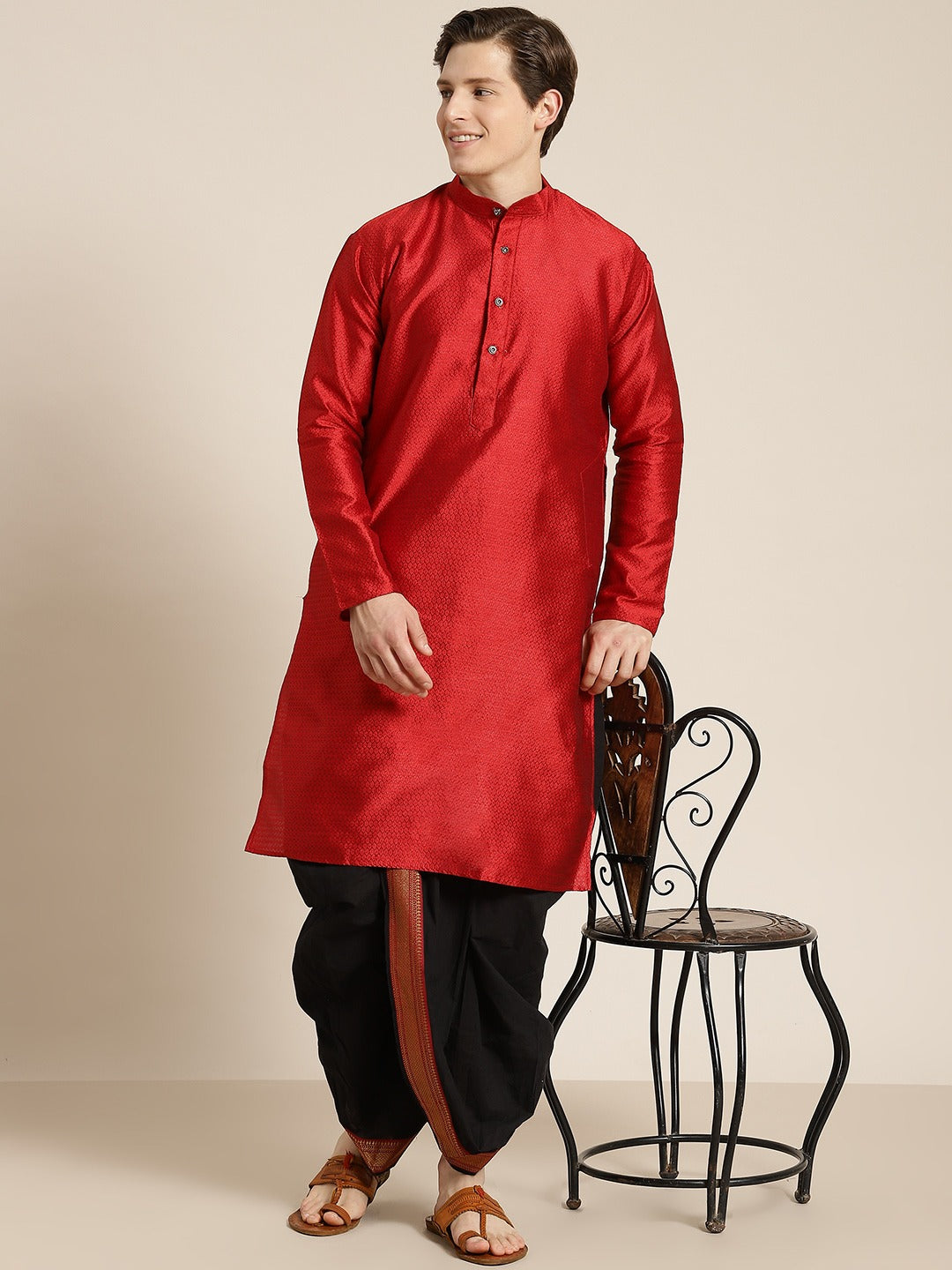 Sojanya (Since 1958), Men's Cotton Black & Red With Gold Border Stitched Dhoti