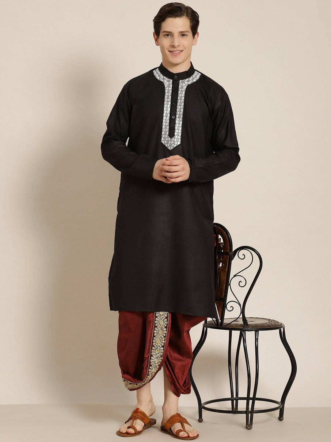 Sojanya (Since 1958), Men's Silk Blend Maroon Embroidery Stitched Dhoti