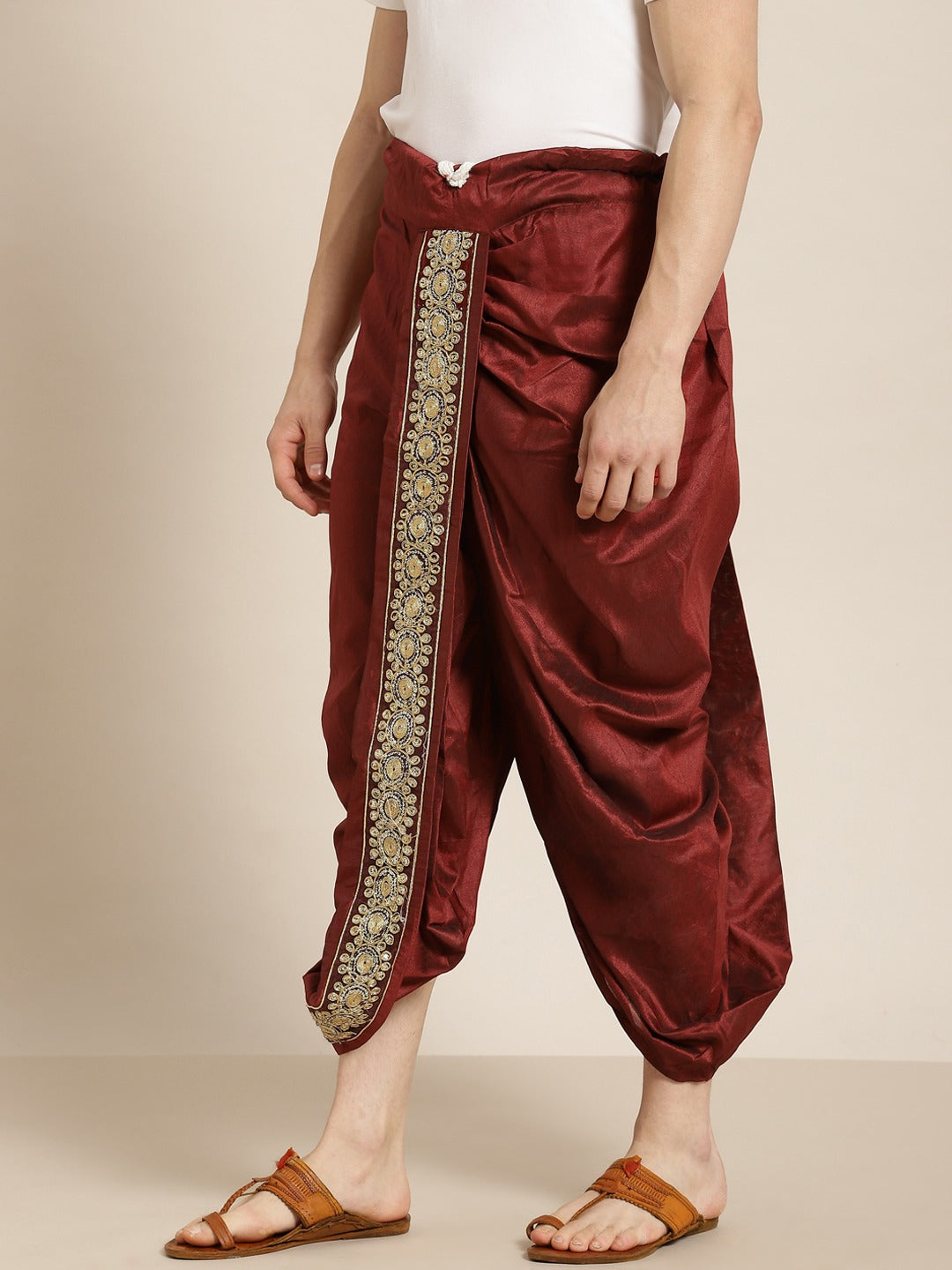 Sojanya (Since 1958), Men's Silk Blend Maroon Embroidery Stitched Dhoti