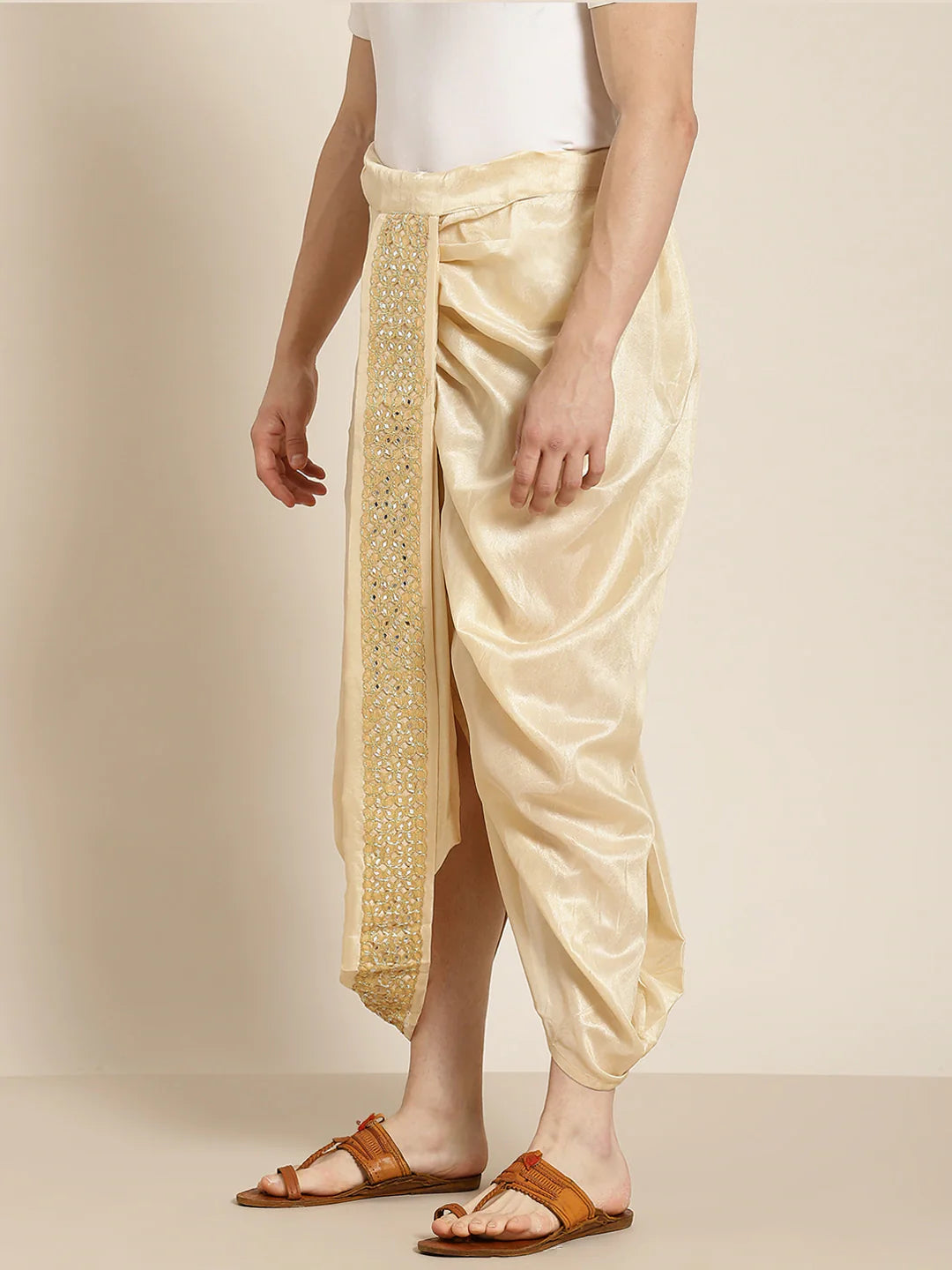 Sojanya (Since 1958), Men's Silk Blend Beige Embroidery Stitched Dhoti