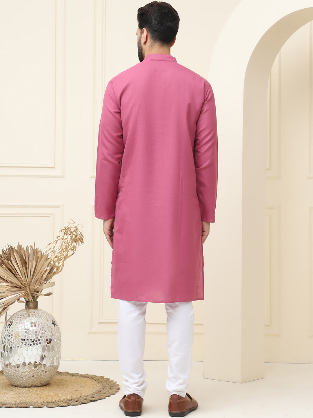 Men's Cotton Blend Dark Coral Kurta With White Churidar Pyjama