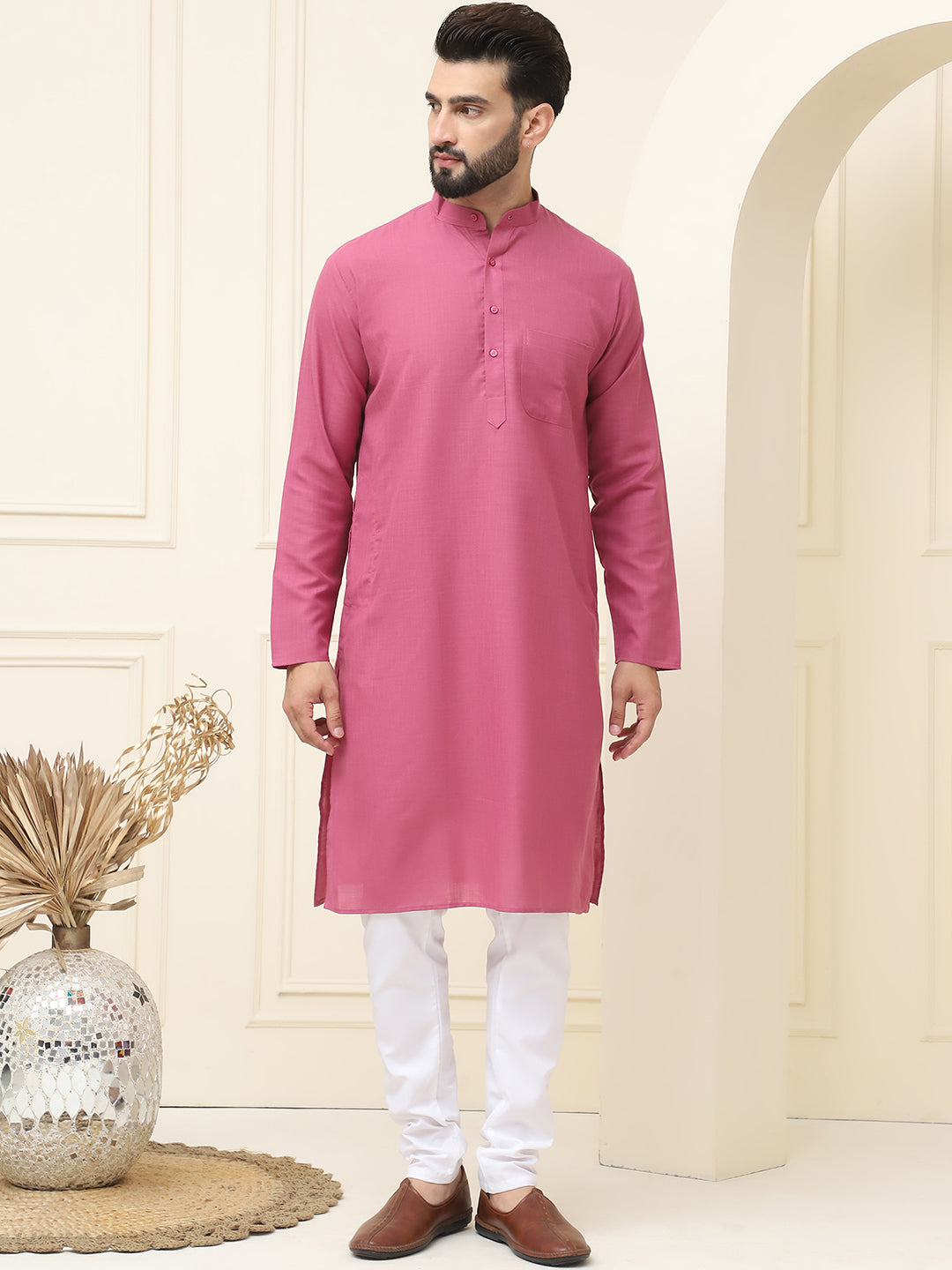 Men's Cotton Blend Dark Coral Kurta With White Churidar Pyjama