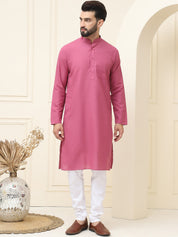 Men's Cotton Blend Dark Coral Kurta With White Churidar Pyjama