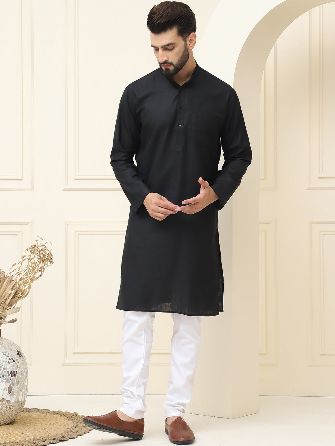 Kurta Suit Black Kurta White Pajama For Men Men's Black Cotton Kurta Pajama Set: Mirror Work Kurta Suit Black Kurta White Pajama For Men Men's Black Cotton Kurta Pajama Set: Mirror Work