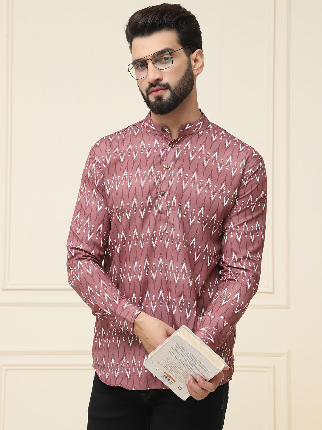 Men's Pure Cotton Brown Printed ONLY Short Kurta