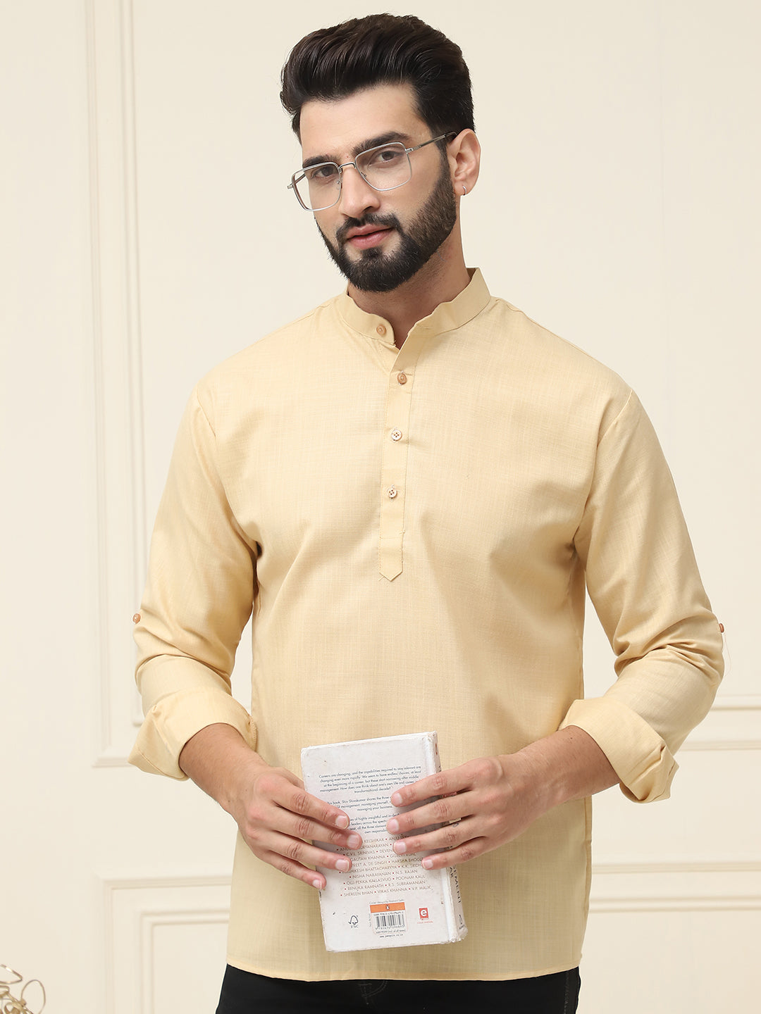 Men's Cotton Blend Light Gold Solid ONLY Short Kurta