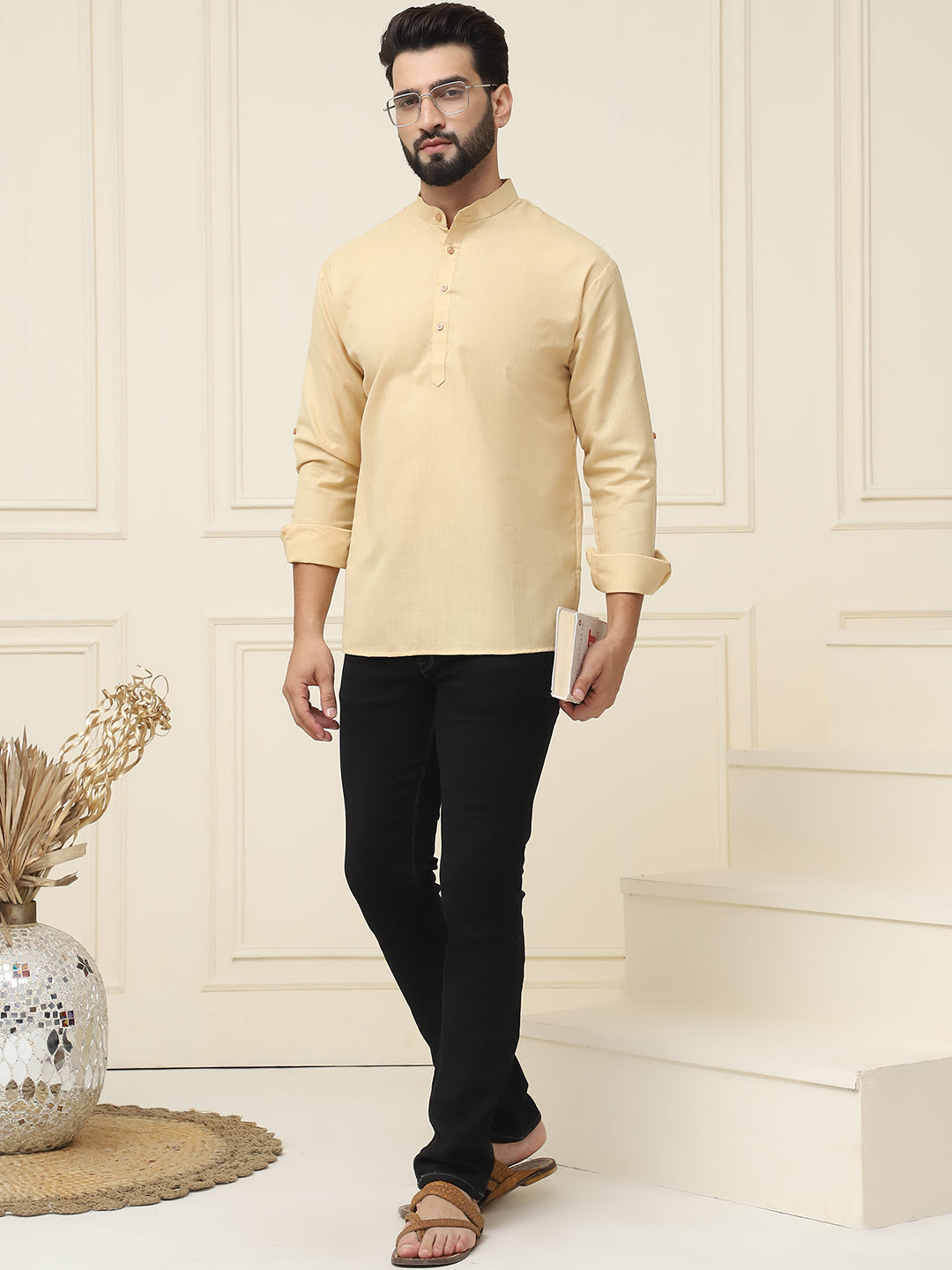 Men's Cotton Blend Light Gold Solid ONLY Short Kurta