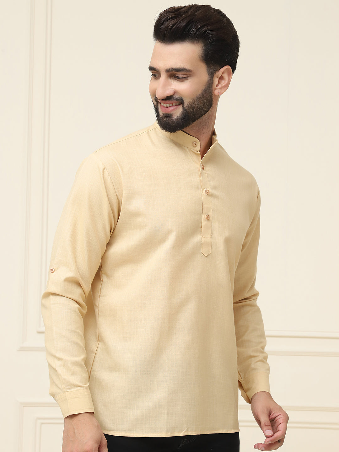 Men's Cotton Blend Light Gold Solid ONLY Short Kurta