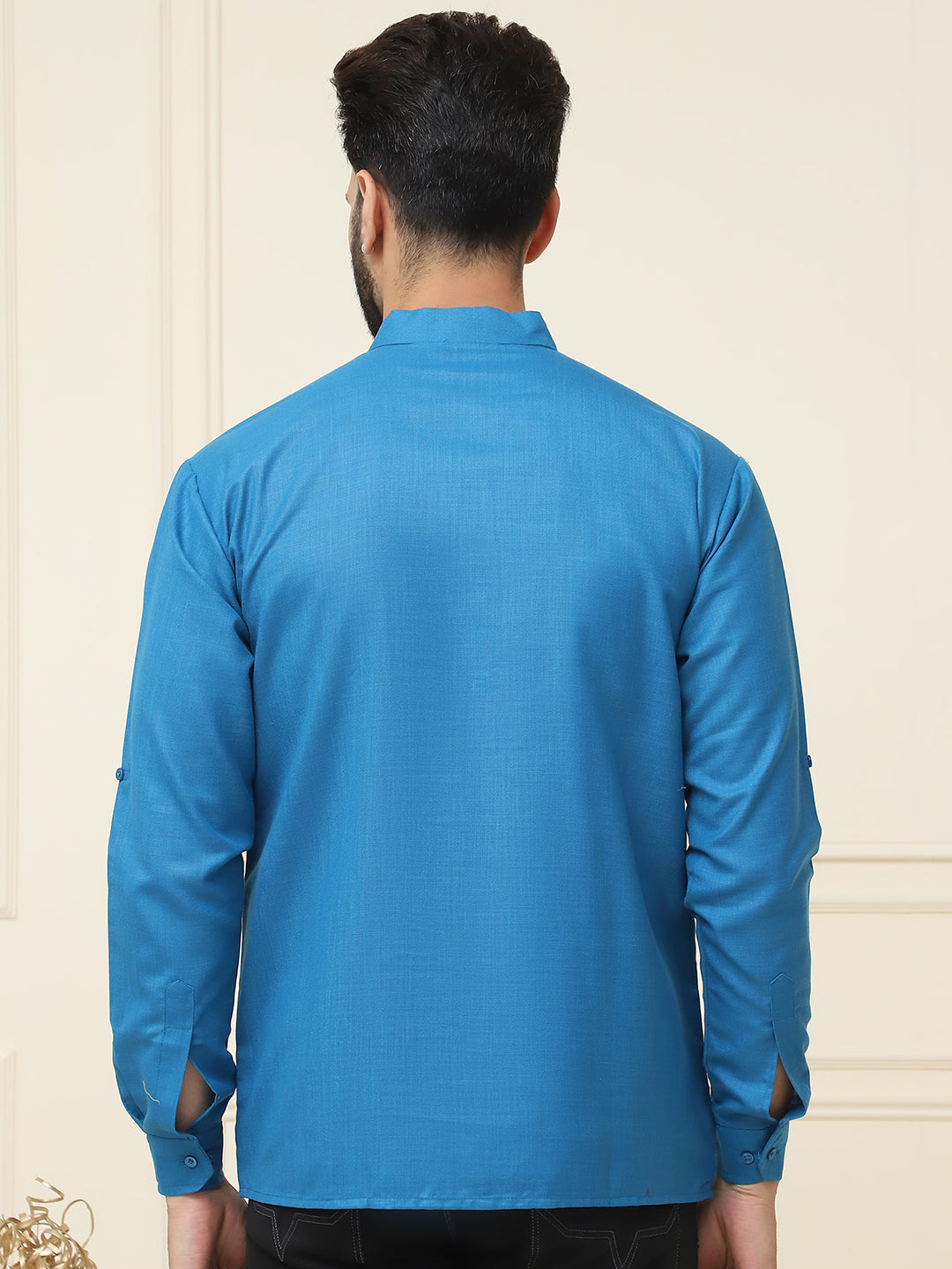 Men's Cotton Blend Peacock Blue Solid ONLY Short Kurta