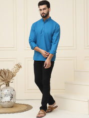 Men's Cotton Blend Peacock Blue Solid ONLY Short Kurta