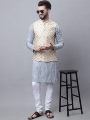 Men's Pure Cotton Grey Kurta and White Pyjama With Beige Nehru Jacket Set