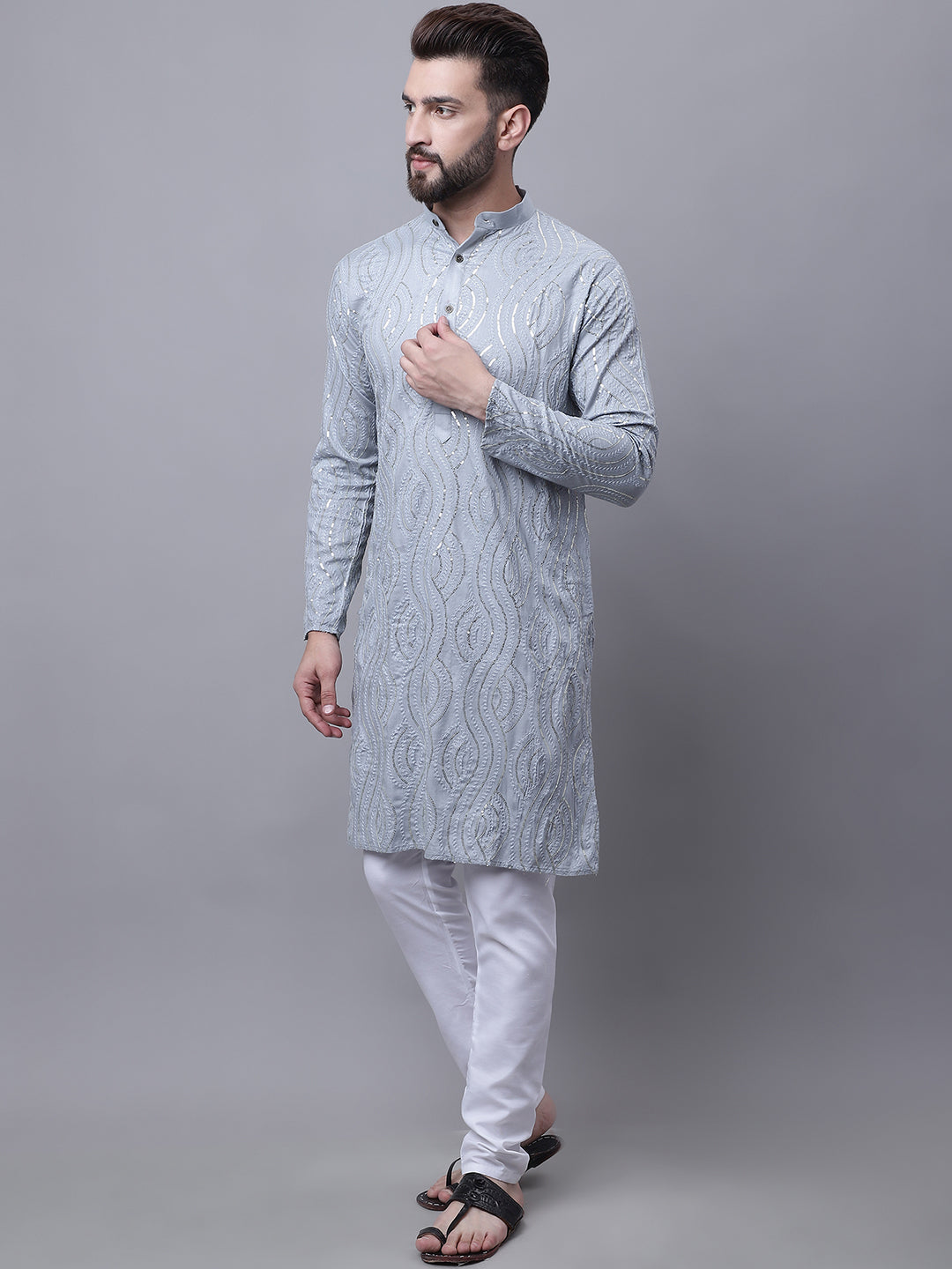 Men's Pure Cotton Grey Kurta and White Pyjama With Beige Nehru Jacket Set