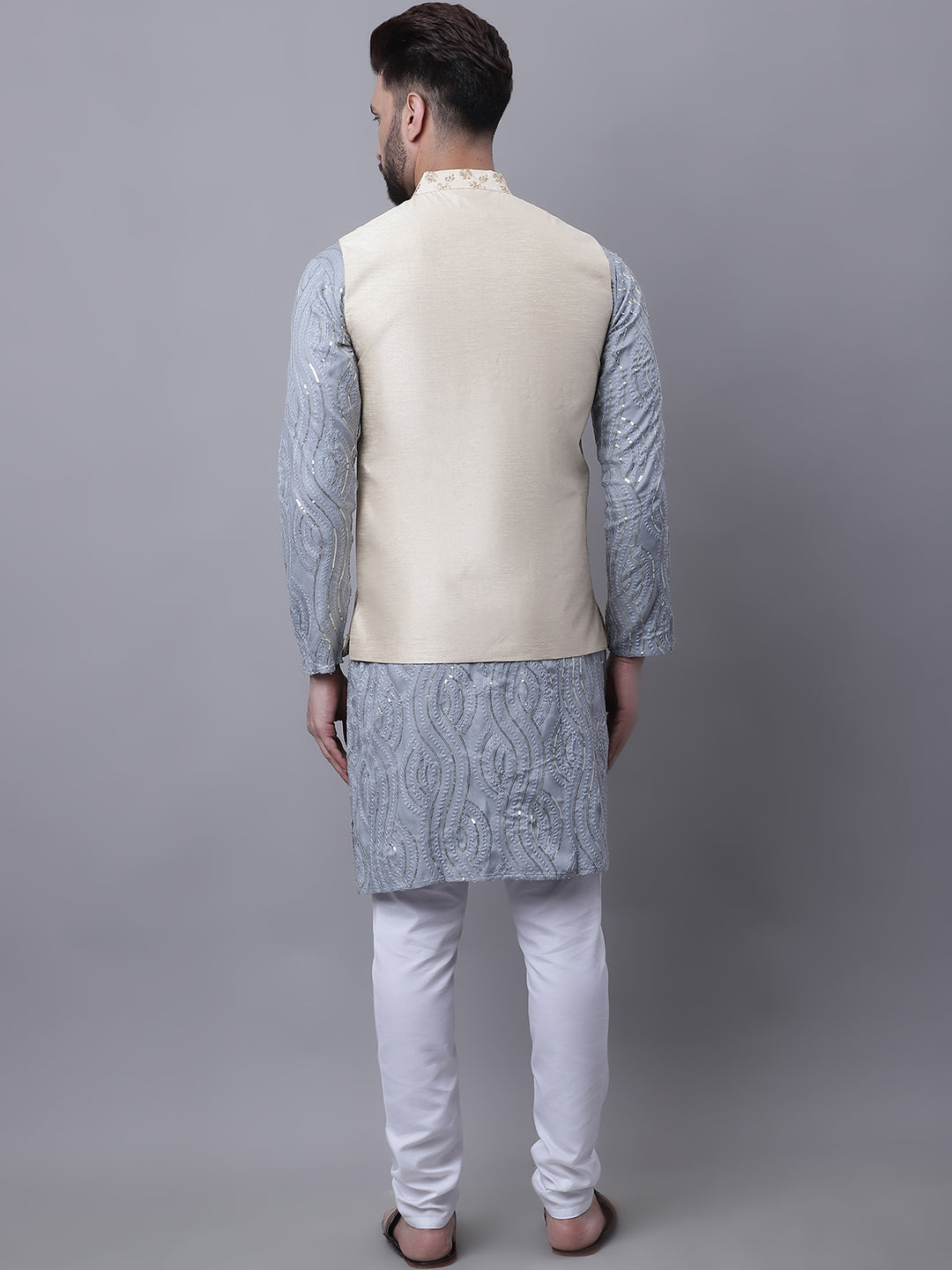 Men's Pure Cotton Grey Kurta and White Pyjama With Beige Nehru Jacket Set