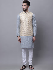 Men's Pure Cotton Grey Kurta and White Pyjama With Beige Nehru Jacket Set