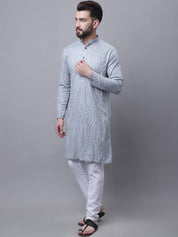 Sojanya Men's Pure Cotton Grey Kurta and White Pyjama With Cream Nehru Jacket Set