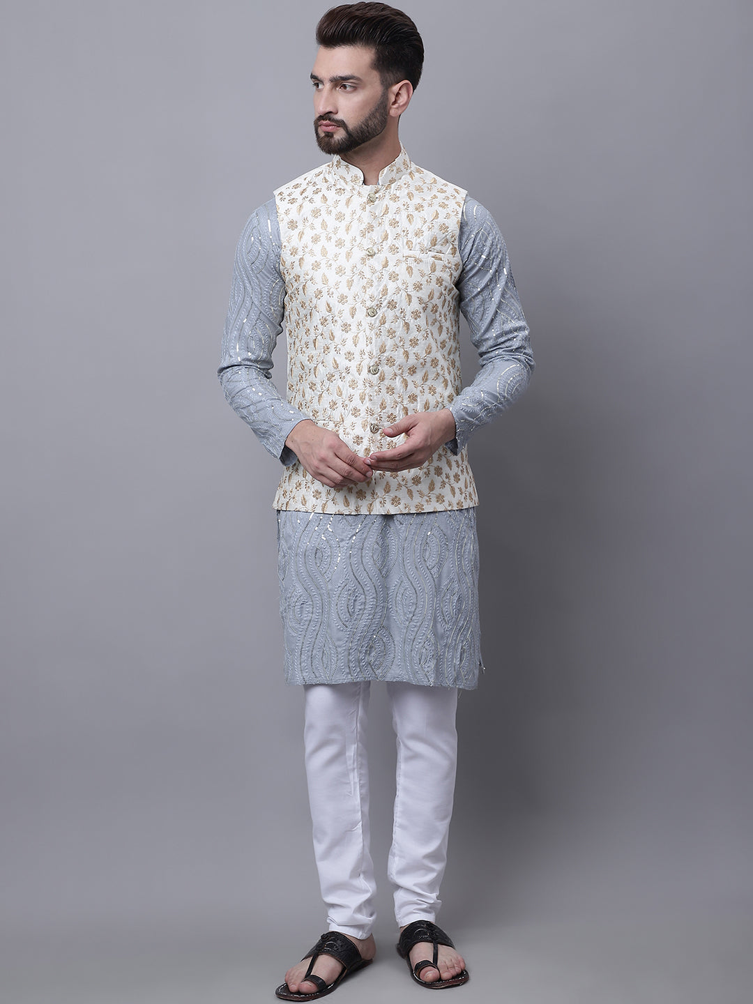 Sojanya Men's Pure Cotton Grey Kurta and White Pyjama With Cream Nehru Jacket Set