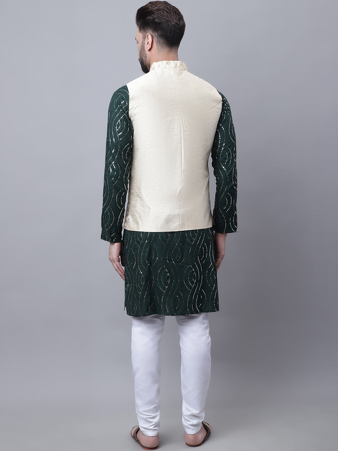 Men's Pure Cotton Dark Green Kurta and White Pyjama With Beige Nehru Jacket Set