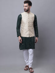 Men's Pure Cotton Dark Green Kurta and White Pyjama With Beige Nehru Jacket Set