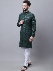 Men's Pure Cotton Dark Green Kurta and White Pyjama With Cream Nehru Jacket Set