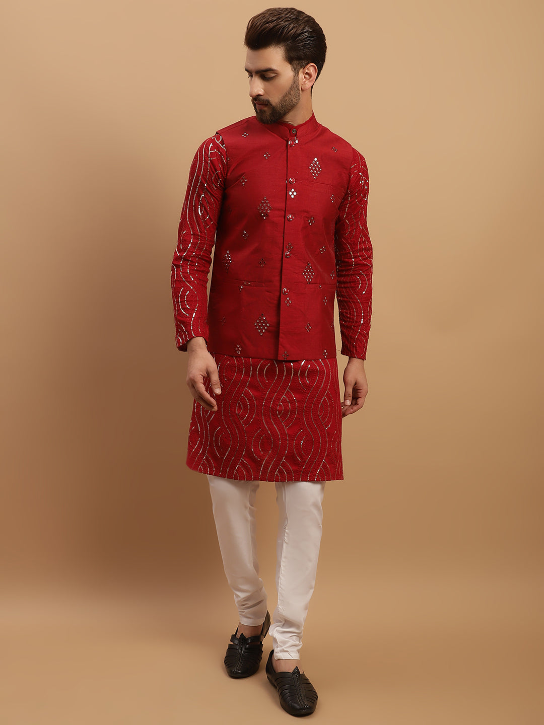 Men's Cotton Maroon Kurta and White Pyjama With Maroon Nehru Jacket