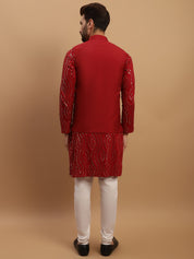 Men's Cotton Maroon Kurta and White Pyjama With Maroon Nehru Jacket