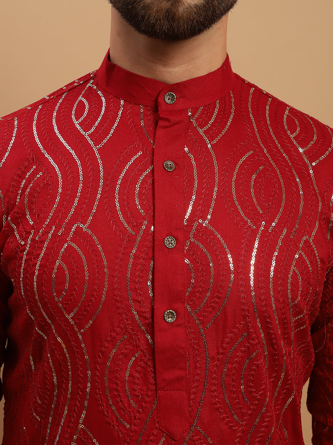 Men's Cotton Maroon Kurta and White Pyjama With Maroon Nehru Jacket