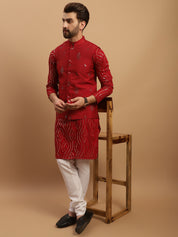 Men's Cotton Maroon Kurta and White Pyjama With Maroon Nehru Jacket