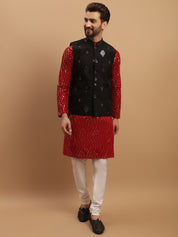 Men's Cotton Maroon Kurta and White Pyjama With Black Nehru Jacket