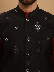 Men's Cotton Maroon Kurta and White Pyjama With Black Nehru Jacket