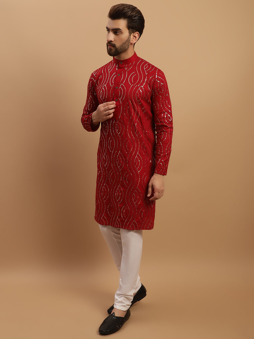 Men's Cotton Maroon Kurta and White Pyjama With Black Nehru Jacket