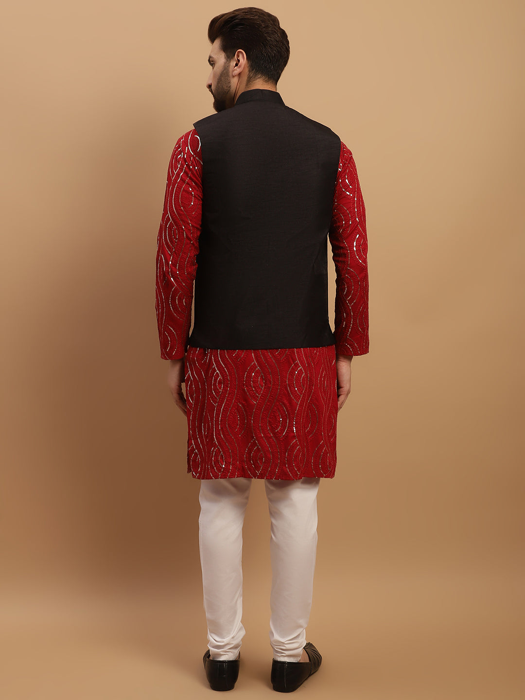 Men's Cotton Maroon Kurta and White Pyjama With Black Nehru Jacket